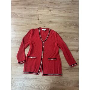 St John Collection Marie Gray Size 10 Red Knit Long Cardigan Jacket Gold Buttons
